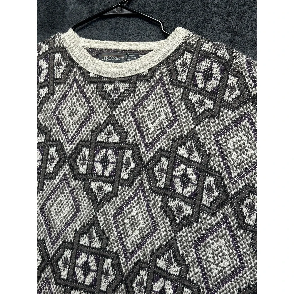 Vintage Sweater Men's XL White 3D Woven Geometric Cosby Chunky Knit JT Beckett